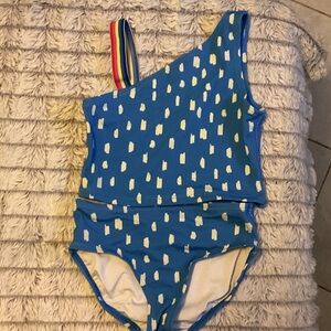 Hanna Andersson Blue One-Shoulder Swimsuit with White Pattern